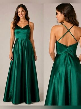 JJ’s House Satin A-Line Formal Maxi Dress in Emerald | 0